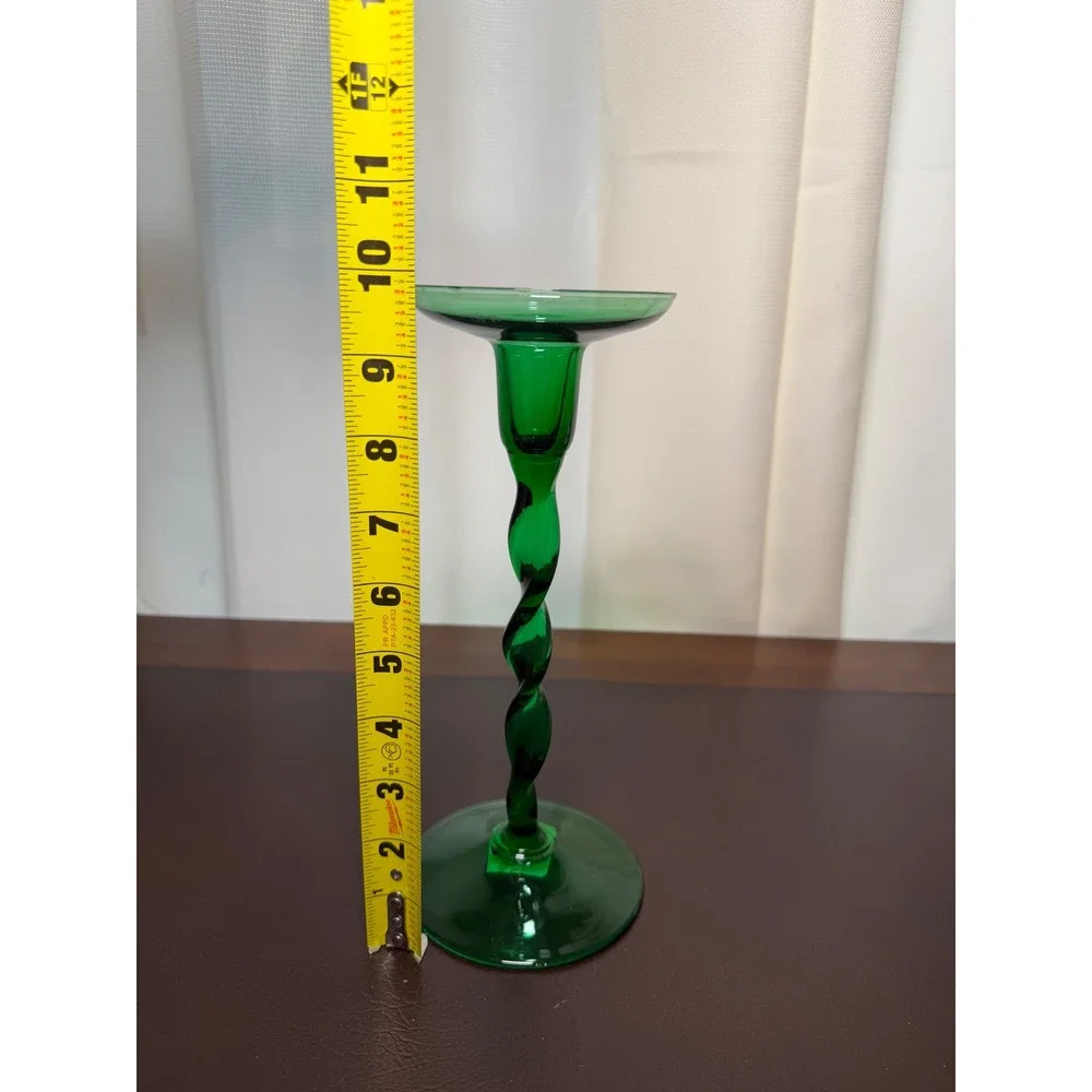 Emerald Green Glass Spiral Twist Stem Candlestick Holder Mid Century Modern 9.5